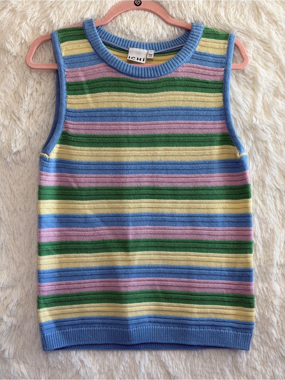 Ichi Womens Ribbed Knit Stripe Sweater Vest Size S Blue Multi Pastel Soft Girl